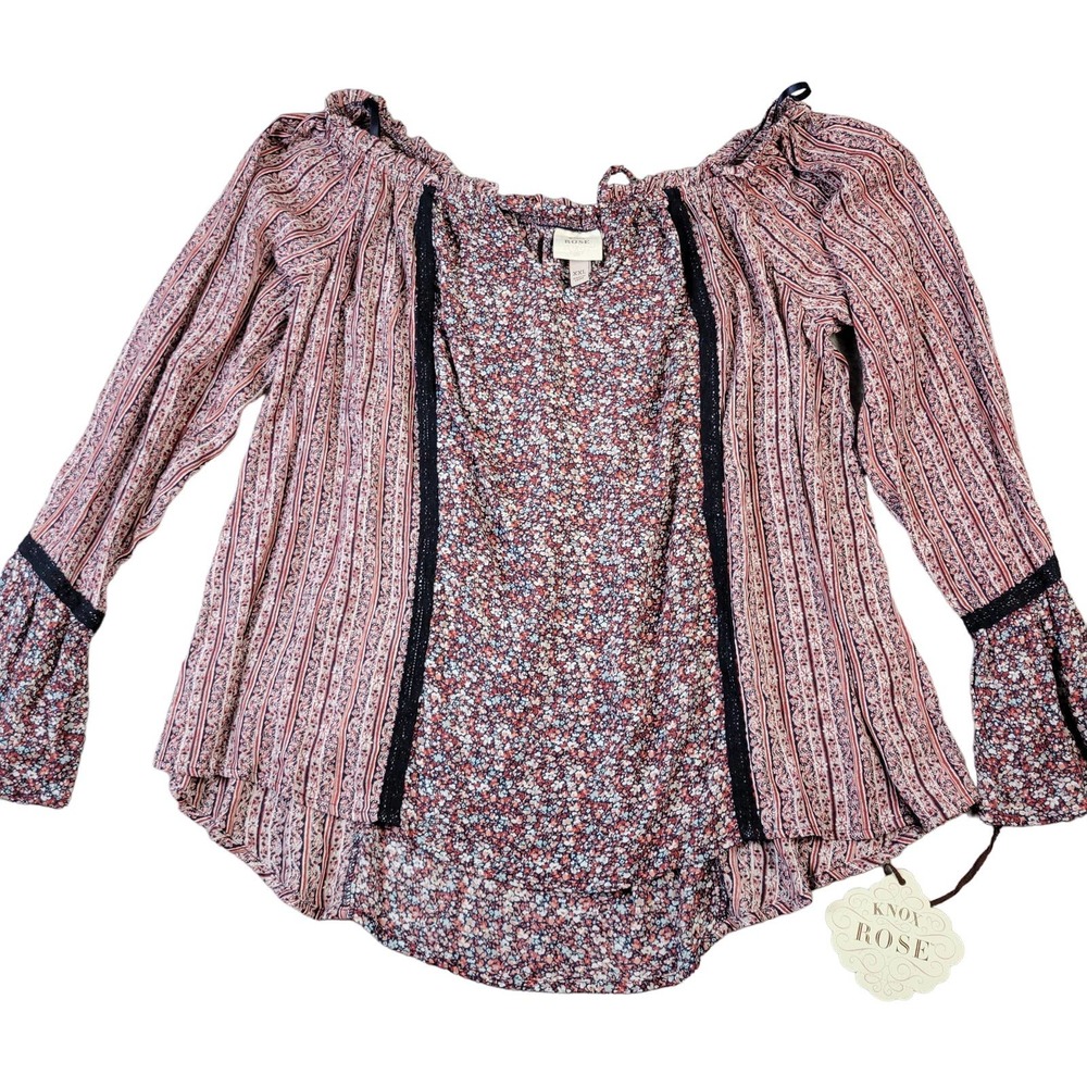 Knox Rose Boho Blouse Women's Size XXL Bell Sleeve Wide Neck Floral Red NWT